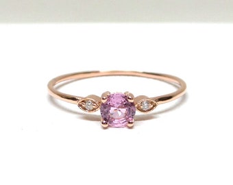 Pink Sapphire Diamond Ring / 14k Gold Birthstone Pink Sapphire Diamond Ring / October Pink Sapphire Engagement Ring / Pink Sapphire Ring