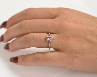 Birthstone Pink Sapphire diamond North Star Ring in 14k Gold, Statement Ring, November Birthstone Jewelry, Celestial Ring, Unique Gold Ring