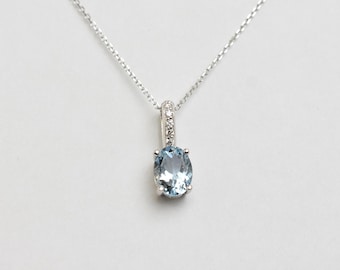 Oval Aquamarine and diamond pendant / 14k gold aquamarine necklace with natural diamonds / march birthstone /