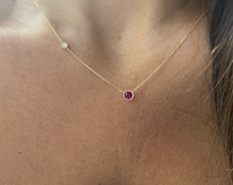Ruby Diamond Necklace 4 MM / Ruby Solitaire Necklace/ Red Ruby Diamond Pendant / 14k Gold Ruby Necklace / Genuine ruby