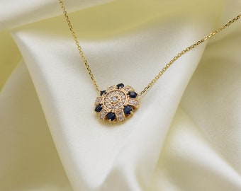 Sapphire Diamond 14k Gold Necklace / 14K Gold Diamond Sapphire Necklace / Bridal Diamond Sapphire Necklace / Layering Sapphire Diamond