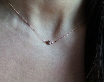 Evil Eye Necklace / 14k Rose Gold Diamond Evil Eye Necklace / Minimalist Diamond  Evil Eye / Diamond Evil Eye / Small Evil Eye/Gold Evil Eye