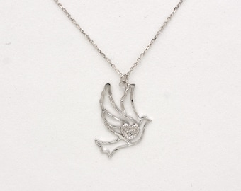 Dove Diamond Necklace/ 14k Gold Diamond Dove Necklace/ Diamond Dove Necklace/ Holy Spirit Pendant/ Religious Gift/ Communion, Confirmation