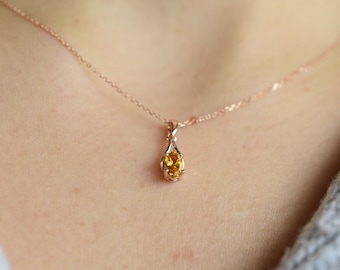 14k Gold Yellow Citrine Necklace: Oval Solitaire Pendant, Personalized November Birthstone Jewelry