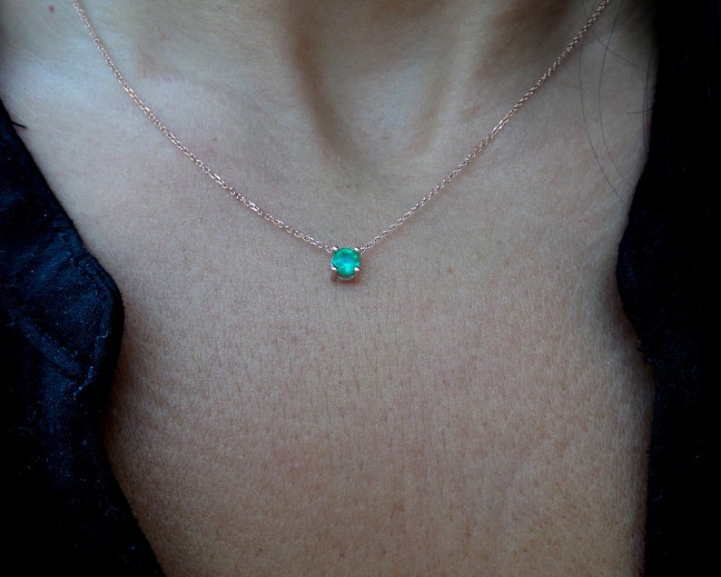 Emerald Necklace / 14k Rose Gold Emerald Solitaire Necklace / Etsy