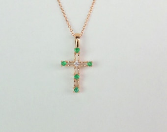 Diamond Emerald Cross Necklace / 14k Gold Emerald Diamond Cross / Emerald Birthstone Cross / Gold Emerald Cross / Communion / Confirmation