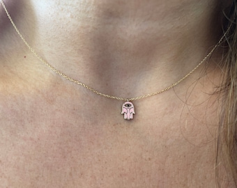 Evil Eye Hamsa Necklace / 14k Gold Hamsa Necklace/ Pink Enamel Hamsa Necklace / Solid 14k Evil Eye Hamsa Pendant Hamsa Hand