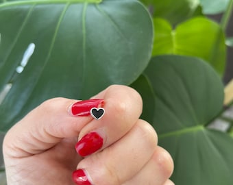 Heart Earring ( single piece)  / 14k Gold Small Heart Earring /  Black Enamel Heart Stud / Mini Heart  / Solid Gold Heart Earring