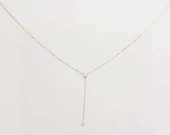 Diamond Necklace Lariat / 14k Rose Gold Diamond Lariat Necklace / Lariat Diamond Necklace / Dainty Diamond Necklace / Bridal Diamond Lariat