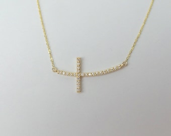 Diamond Cross Necklace / Sideways Diamond Cross 0.30cts / 14k Gold Diamond Cross / Gold Cross / Communion / Confirmation /Confirmation