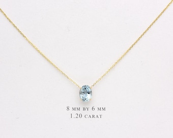 14k Gold Aquamarine Solitaire Necklace: March Birthstone