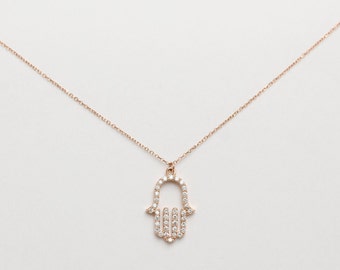 Diamond Hamsa Necklace / 14k Rose Gold Diamond Hamsa Necklace 0.40cts / Gold Diamond Hamsa / Large Diamond Hamsa  / Personalized Hamsa