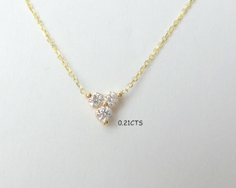 Diamond Flower Cluster Necklace 0.21cts / 14k Gold Diamond Necklace /  Diamond Trio Necklace / Triangle Shape Diamond Necklace