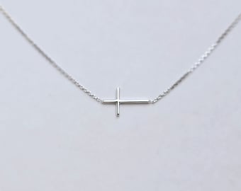 Small Cross Necklace / 14k White Gold Sideways Cross Necklace / Gold Cross Necklace / Baptism Gift / Communion / Confirmation / Confirmation