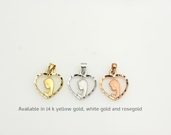 14k Solid Gold Virgin Mary Heart Charm Necklace, Religious Jewelry, Communion, Baptism
