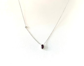 Ruby Necklace / 14k White Gold Ruby Solitaire Necklace / Ruby Diamond Bezel Accent Necklace / Bezel Set Ruby Necklace / Oval Shape Ruby