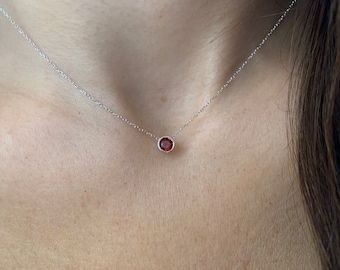 Garnet Solitaire Necklace / 14k White Gold Garnet Necklace / Round Garnet Necklace / January Garnet Necklace / Bezel set Garnet Necklace