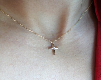 Small Diamond Cross Necklace / 14k Gold Cross / Small Diamond Cross / Baptism Gift / Communion / Christmas Gift / Religious
