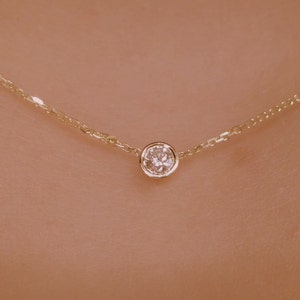 Diamond Solitaire Necklace 14k Yellow Gold / Diamond Bezel Necklace / 14k Gold Diamond Solitaire Pendant / Delicate image 4