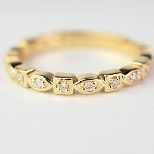 14k Gold Diamond Wedding Band: Two Shape Stackable Ring