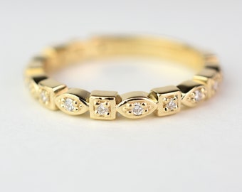 Diamond Ring / 14k Gold Diamond Ring / Two Shape Diamond Wedding Band / Gold Diamond Stackable Ring / Dainty Diamond Ring