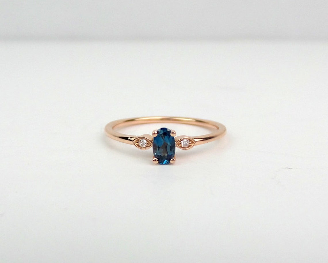 London Blue Topaz Diamond Ring / 14k Rose Gold Blue Topaz | Etsy