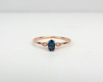 London Blue Topaz  Diamond Ring / 14k Rose Gold Blue Topaz Ring / Diamond Topaz Ring / London Blue Topaz Engagement Ring