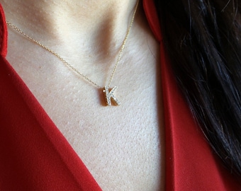 Initial Diamond Necklace / 14k Gold Diamond Letter Necklace / Letter Necklace / Solid Gold Initial Diamond Necklace /Sliding Diamond Initial