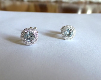 Aquamarine Diamond Cluster Earrings / 14k White Gold Diamond Aquamarine Cluster Earrings 0.51CTS  / Prong Set Diamond Earrings / March Gem