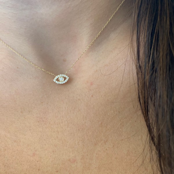 Diamond Evil Eye Necklace 0.22cts / 14k  Gold Diamond Evil Eye Necklace / Minimalist Diamond Evil Eye / Solitaire Evil Eye / Kabbalah