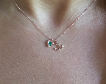 Emerald Heart Anchor Necklace / 14k Gold Emerald Heart and Anchor Necklace / Love and Hope Necklace / Minimalist Heart and Anchor