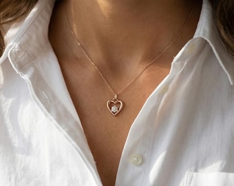 14k Gold Diamond Heart Necklace: Dainty Solid Gold Pendant