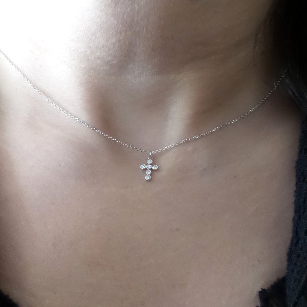 Dainty Diamond Cross Necklace: 14k White Gold Layering Pendant