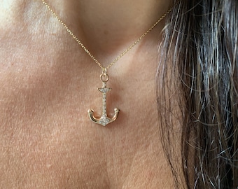 Diamond Anchor Necklace / Solid Gold Anchor Necklace / 14k Gold Anchor Necklace/ Anchor Charm Necklace