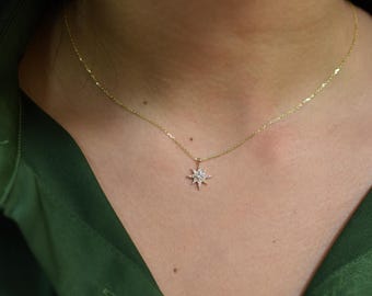 Diamond North Star Necklace / Starburst Diamond Necklace / 14k Gold Diamond North Star Necklace / Layering North Star Pendant / Starburst