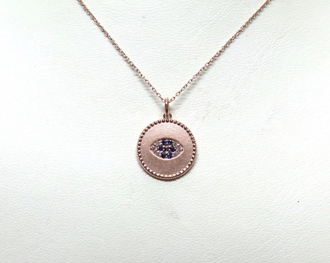 Evil Eye Disc Necklace / 14k Rose Gold Diamond Evil Eye Etsy