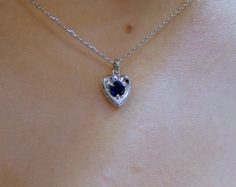 Birthstone Sapphire Heart Necklace/ 14k Gold Sapphire Necklace/ Everyday Jewelry, Sapphire Heart Necklace/ Minimalist Sapphire Heart Pendant