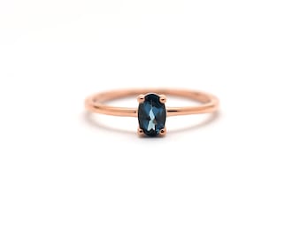 Blue Topaz Ring 6mm by 4mm / 14k Gold Blue Topaz Solitaire Ring / Oval Blue Topaz Ring / December Birthstone Ring