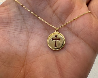 Small Cross Necklace / 14k Gold Disc with Cross / Gold Disc Cross / Baptism Gift / Communion / Confirmation / Confirmation / Gold Cros