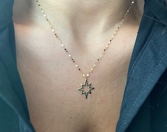North Star Necklace / 14k Solid Gold NorthStar Necklace / 14k Gold Mirror Chain North Star Necklace /Celestial Gold Star Necklace / Layering