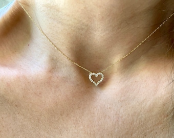 Diamond Heart Necklace 0.35CT / 14K Gold Diamond Heart Necklace / Diamond Heart Pendant / Gold Diamond Heart Necklace / Bridal Heart