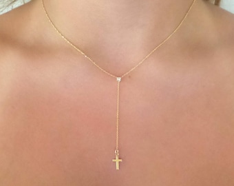 Diamond Cross Necklace / Diamond Necklace Lariat / 14k Gold Diamond Solitaire Lariat / Cross Necklace Lariat / Diamond Y Necklace