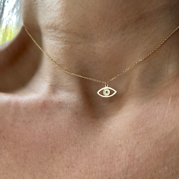 14k Gold Evil Eye Necklace: Sapphire Protection Pendant