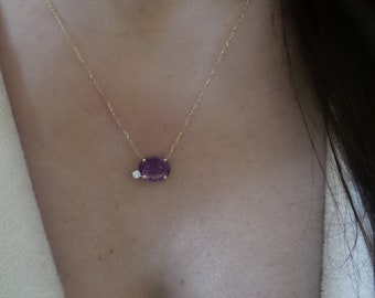 Amethyst Necklace / 14k Gold Amethyst with Diamond Necklace / Gold Amethyst Diamond Necklace / Purple Amethyst Gemstone