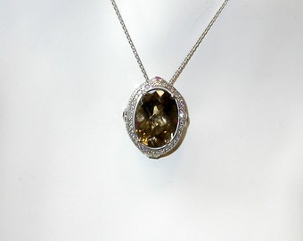 Genuine Smoky Topaz Pendant with Diamonds and Ruby Accents Sterling Silver Necklace