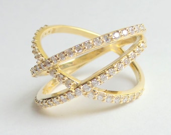 Gold X Ring/ Criss Cross Ring 14k Yellow Gold/ Double X Ring 14k Gold/ Gold Criss Cross Ring/ Diamond X Ring 14k Gold/ Diamond Ring/ Diamond