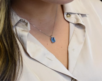 Swiss Blue Topaz Solitaire Necklace 3.11CT/ Sterling Silver Emerald Cut Blue Topaz Necklace / December Birthstone Swiss Blue Topaz Necklace
