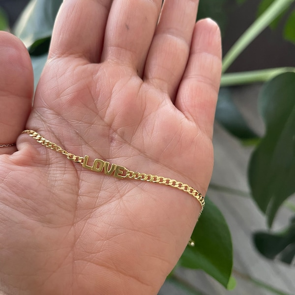 Cuban Link Chain Love Bracelet / 14k Gold Love Cuban Link Chain / 14k Solid Gold Chain Love Bracelet / Valentines Day Bracelet