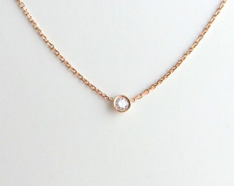 Diamond Necklace / 14k Rose Gold Diamond Necklace 0.10CT / Diamond Solitaire Necklace / Floating Diamond / Diamond Bezel Necklace / Dainty