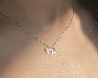 Small Heart Initial Necklace / 14k Gold Petite Heart Necklace / Enamel Heart Initial Charm Necklace / Mini Heart / Solid Gold Heart Initial